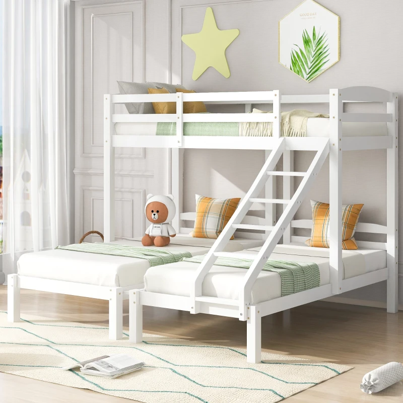 Letto a castello triplo per bambini 6+ anni con scala laterale, 90x200 cm, Bianco