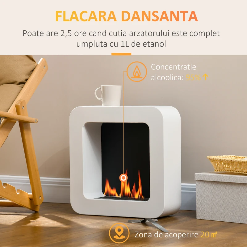 HOMCOM Semineu cu bioetanol montat pe perete , din metal, ardere de 2,5 ore, cu rezervor de 1 l si capac de 20 m², 48x18x48cm, alb