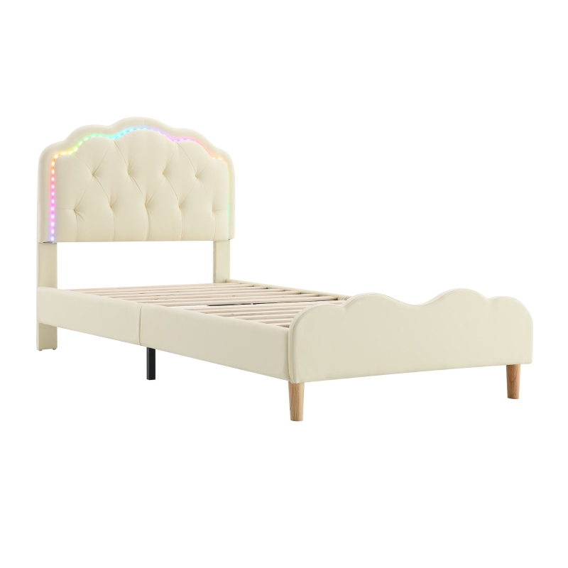 Lit rembourré avec tête de lit ondulée et bande LED, lit pour enfants avec lattes en bois, sans matelas, 90×200 cm, Blanc