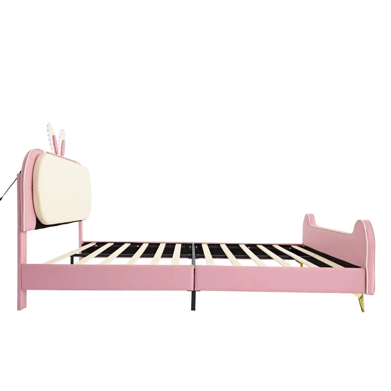 Letto Imbottito con Testiera a Forma di Coniglio e Striscia LED, Letto per Cameretta Senza Materasso, in Pelle PU e MDF, 140x200 cm, Bianco e Rosa
