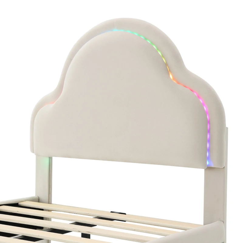 Letto Imbottito con Testiera a Nuvola e Striscia LED, 14 Doghe in Legno, Rivestimento in Velluto, Senza Materasso, 90x200 cm, Bianco