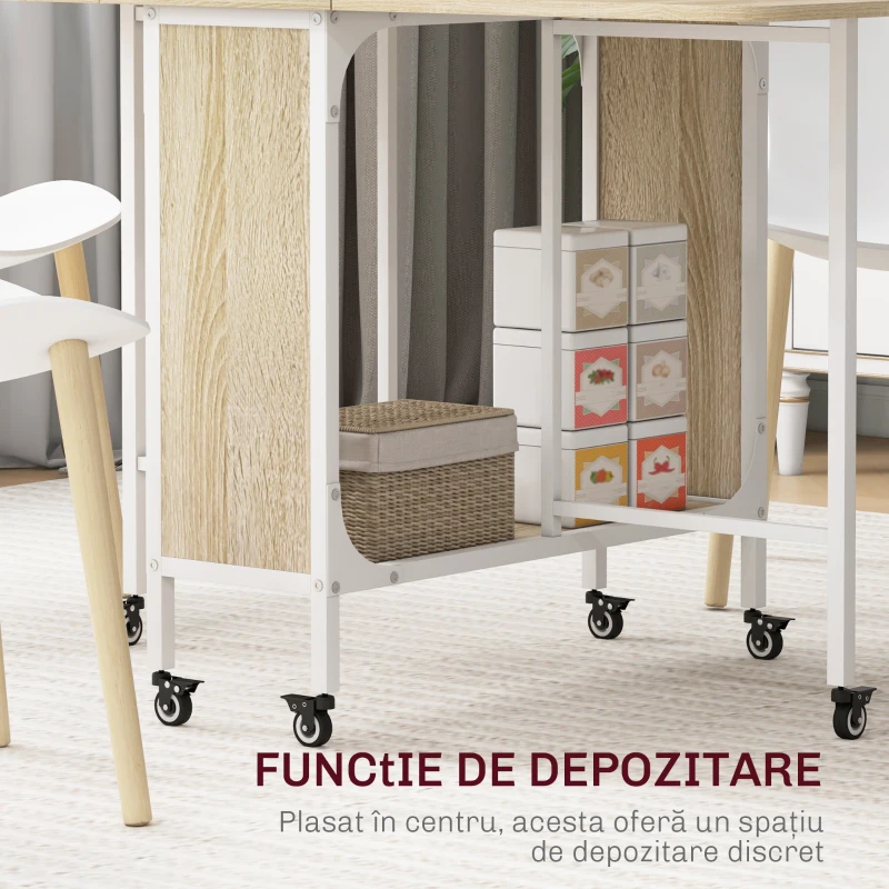 HOMCOM Masă Pliabilă pentru 4-6 Persoane, Masă cu Spațiu Economic, Raft și 6 Roți, 130x80x74 cm, Lemn Natural