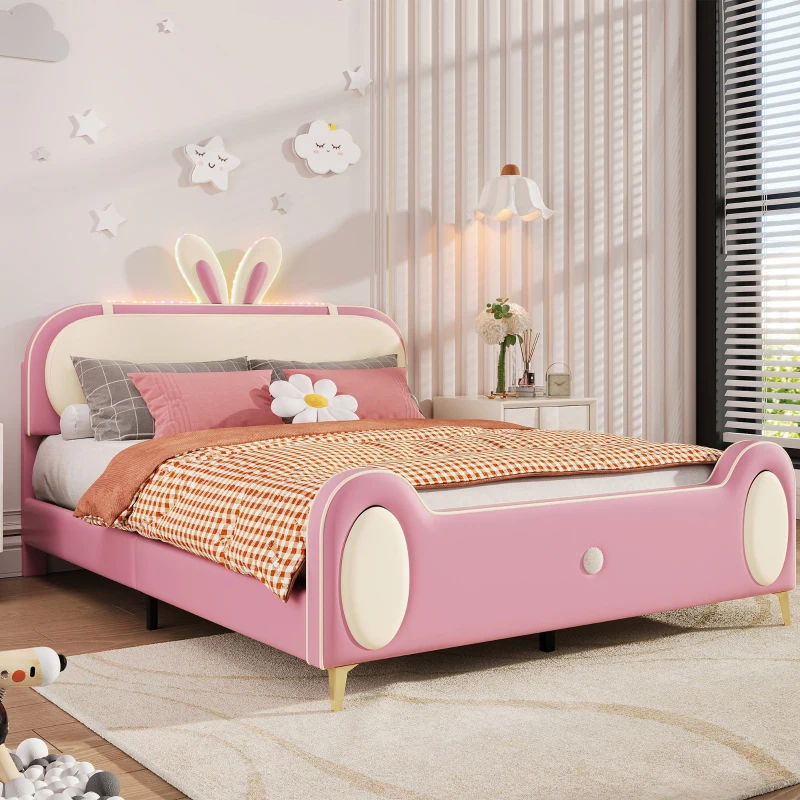 Letto Imbottito con Testiera a Forma di Coniglio e Striscia LED, Letto per Cameretta Senza Materasso, in Pelle PU e MDF, 140x200 cm, Bianco e Rosa