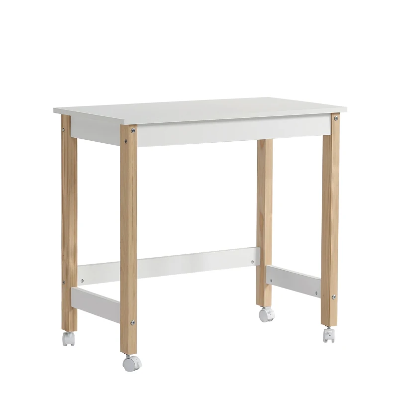 Scrivania con ruote direzionali, 80x43,5 cm, Bianco+naturale