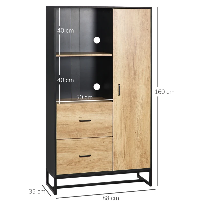 HOMCOM Bufet Modern cu 2 Sertare, 2 Rafturi și un Dulăpior cu 4 Compartimente, 88x35x160 cm, Lemn Natural(m-3)