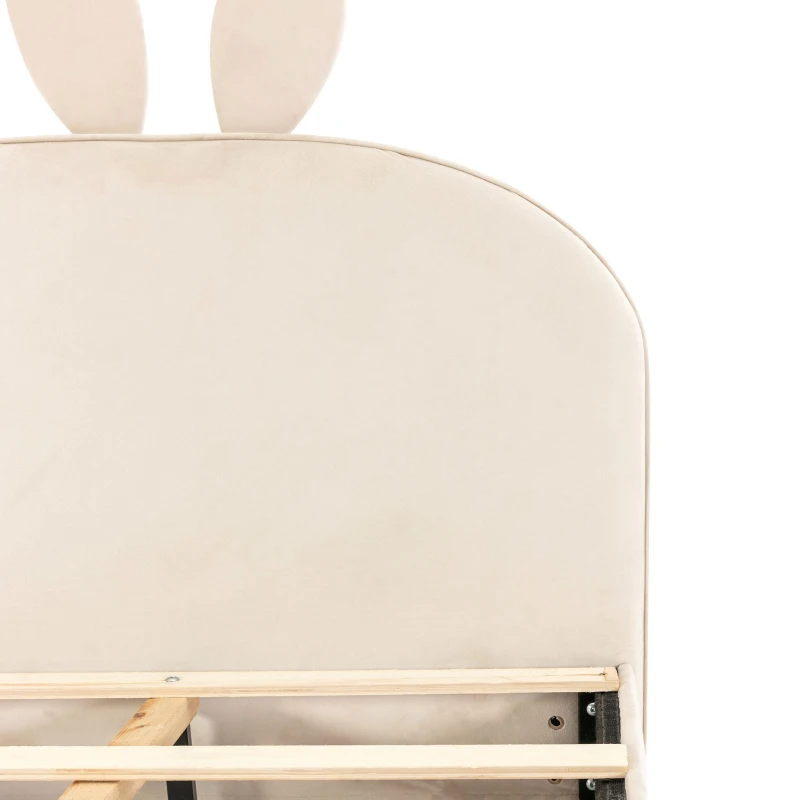 Letto imbottito con testiera a forma di coniglio, letto per bambini con doghe in legno, senza materasso, 90×200 cm, Beige