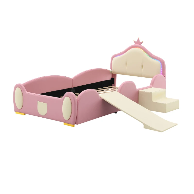 Letto Principessa con Striscia LED, Scivolo e Scala, Design Cartoon con Corona, Senza Materasso, 90x200 cm, Rosa