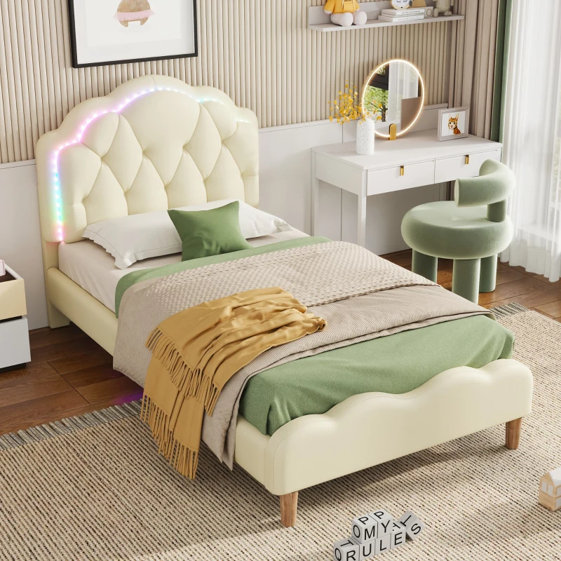 Letto Imbottito con Striscia LED, Testiera Ondulata e Doghe In Legno, Letto per Cameretta in PU, Senza Materasso, 90×200 cm, Bianco