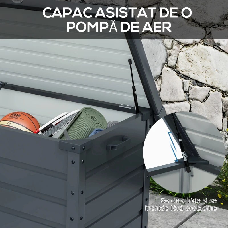 Outsunny Ladă de Grădină de 295L cu Încuietoare, 2 Mânere și 4 Rotile, Mobilier Depozitare din Oțel, 100x62x65 cm, Gri