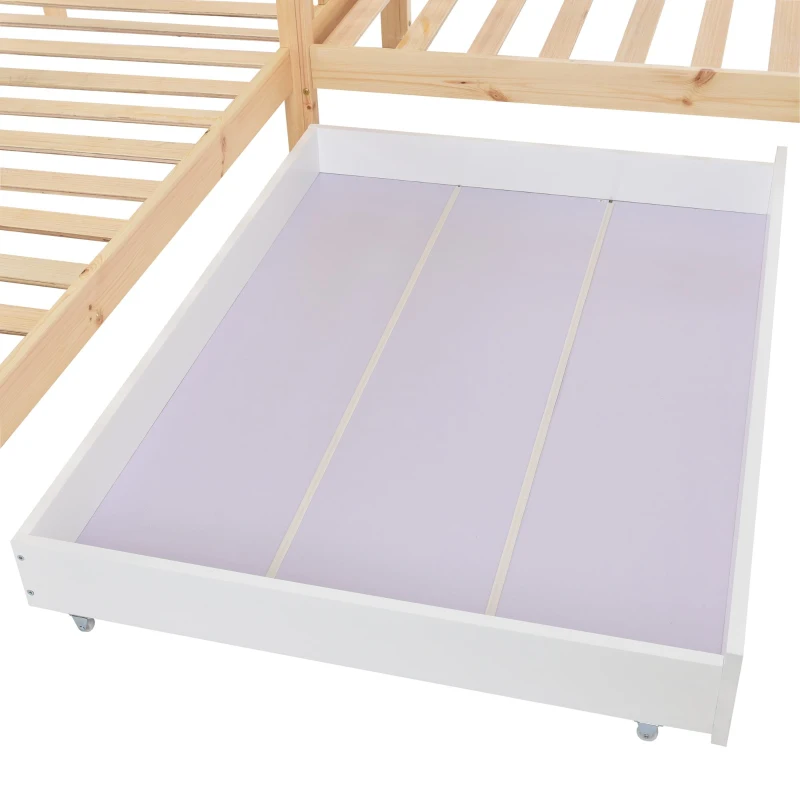 Lit enfant en forme de maison avec tiroirs et étagères, sans matelas, 90x200 cm+140x70 cm, naturelle