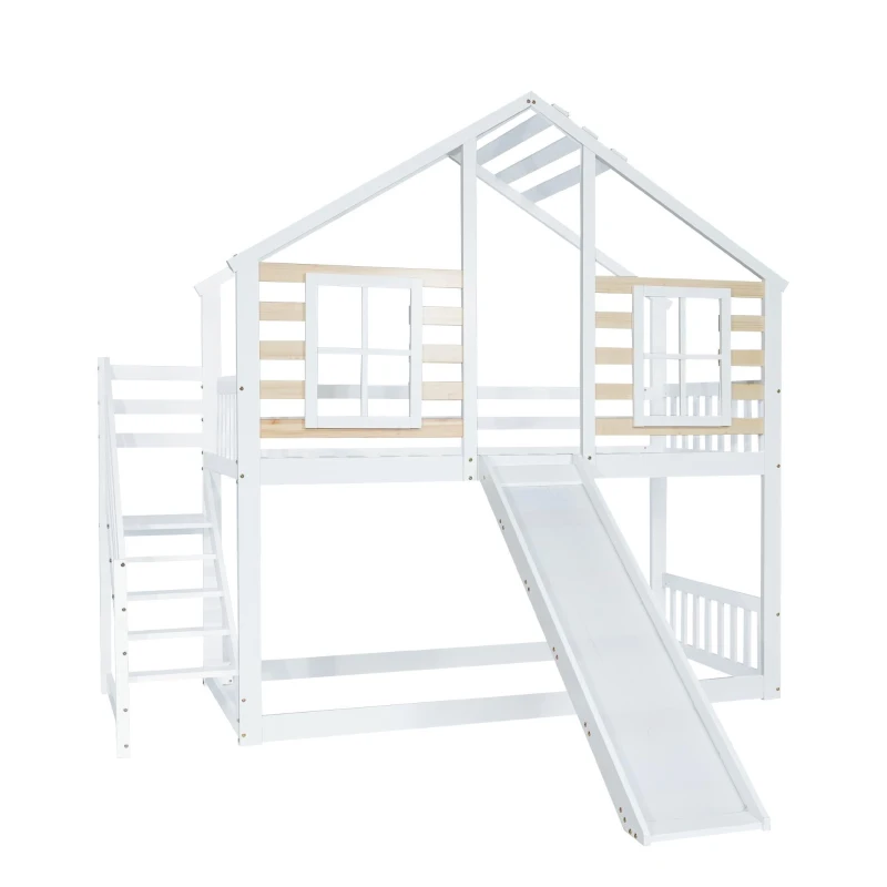 Letto a castello per bambini 6+ anni con scala e sponda, con scivolo e finestra, senza materasso, 90x200 cm, Bianco
