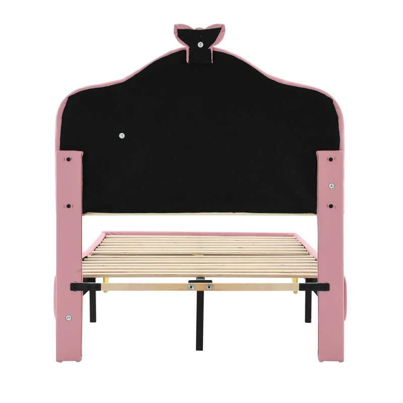 Lit rembourré avec bande LED et nœud rose, sans matelas, 90×200 cm, Blanc+Rose