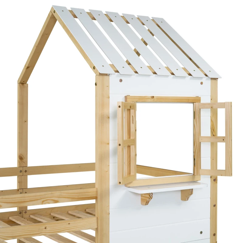 Lit superposé avec main courante et fenêtre, lit maison, lit pour enfants avec protection contre les chutes et barrière, sans matelas, 200x90 cm, naturelle