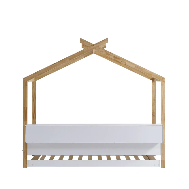 Letto per bambini con quattro scomparti a scaffale e letto estraibile, letto a casetta, 90x200 cm & 90x190 cm, Bianco+naturale