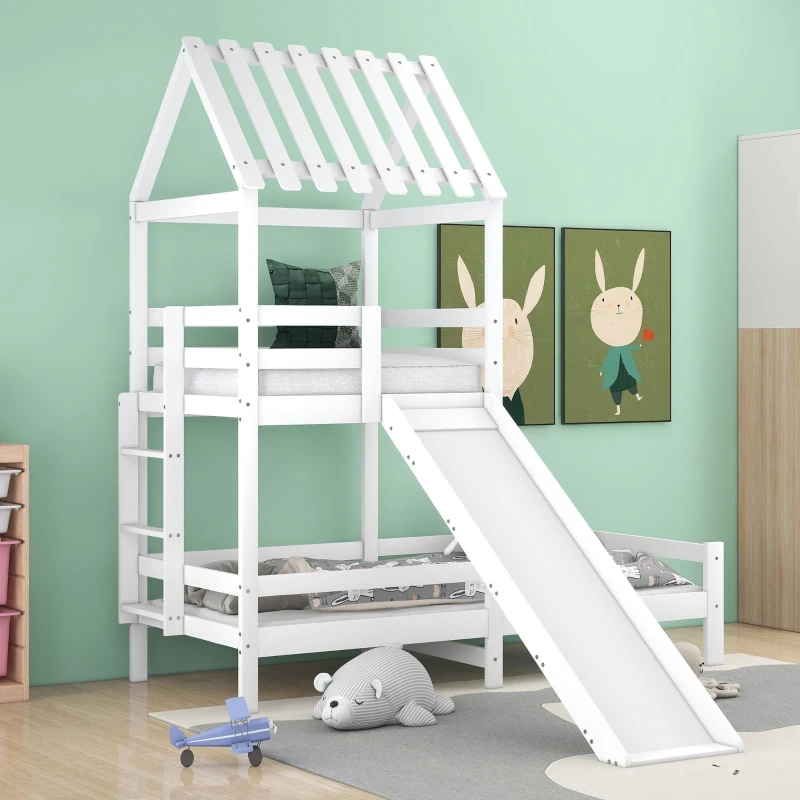 Letto a Casetta con Scivolo, Letto a Castello con Protezione Anticaduta e Sponde, Senza Materasso, in Legno, 200x90cm & 100x90cm, Bianco