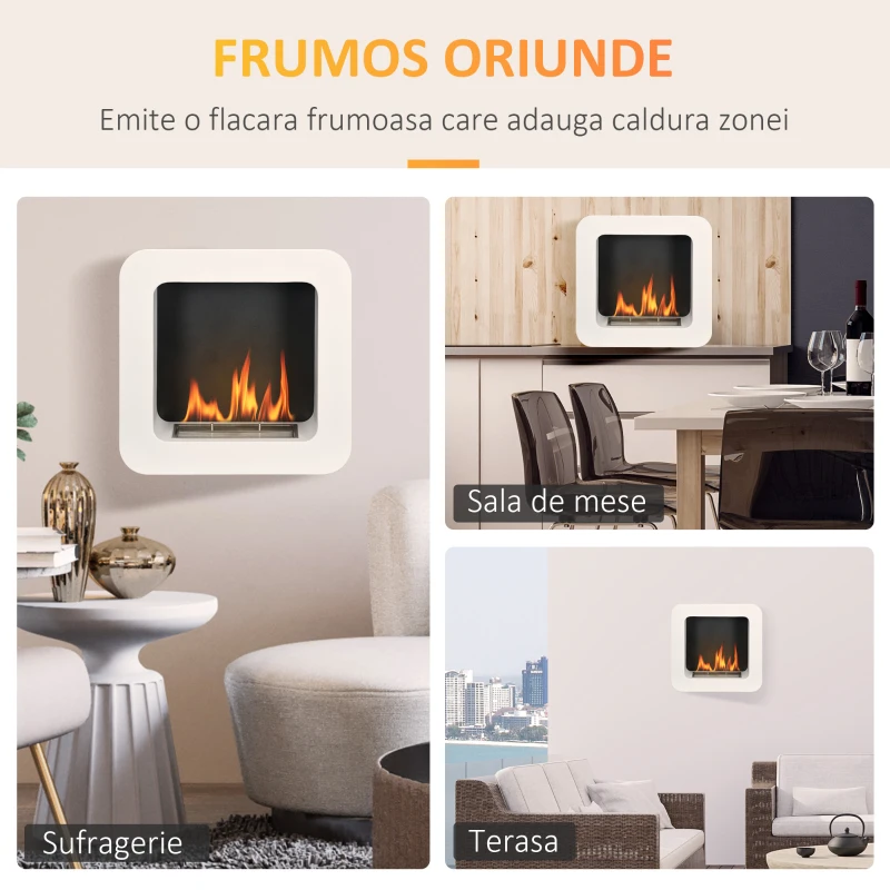HOMCOM Semineu cu bioetanol montat pe perete , din metal, ardere de 2,5 ore, cu rezervor de 1 l si capac de 20 m², 48x18x48cm, alb