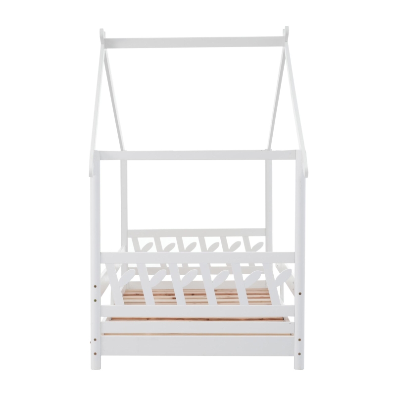 Lit maison en bois avec barrière et sommier à lattes,sans matelas, 90x200 cm, Blanc