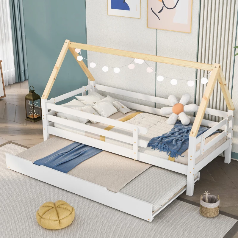 Letto a Casetta Con Letto Estraibile e Ruote, Letto Per Cameretta Senza Materasso, in Legno, 90x200&90x190 cm, Bianco