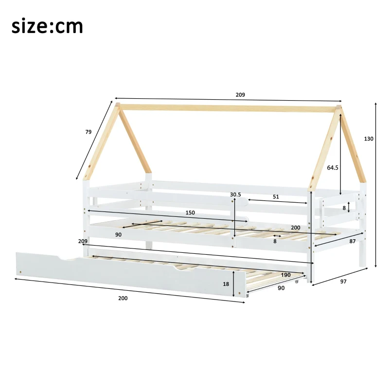 Lit cabane avec lit gigogne et roulettes, sans matelas, 90x200 & 90x190 cm, Blanc