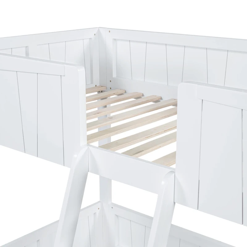 Letto a castello per bambini 6+ anni con scala a tre gradini e barriera di sicurezza, 90x200 cm, Bianco