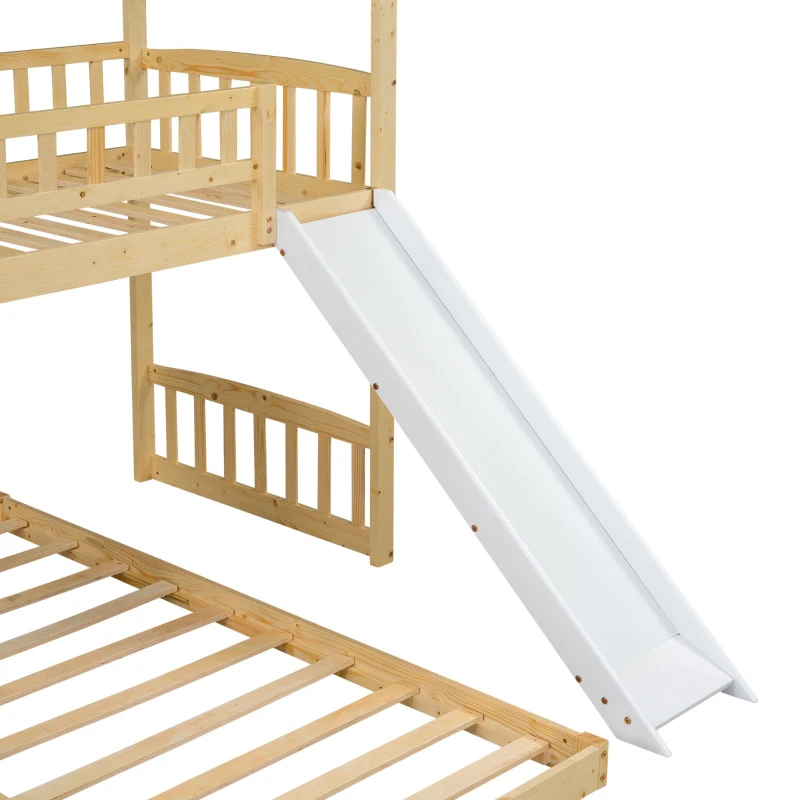 Lit superposé avec escalier et toboggan, protection contre les chutes et espace de rangement, sans matelas, 90x200 cm, naturel