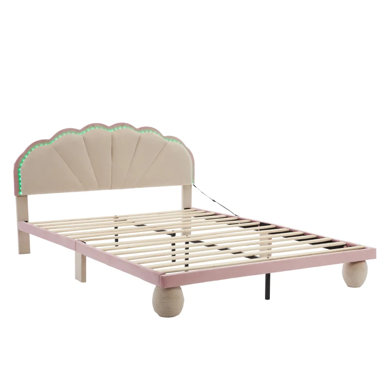 Lit rembourré avec bandes lumineuses multicolores et tête de lit ondulée, sans matelas, 140×200 cm, Blanc+Rose