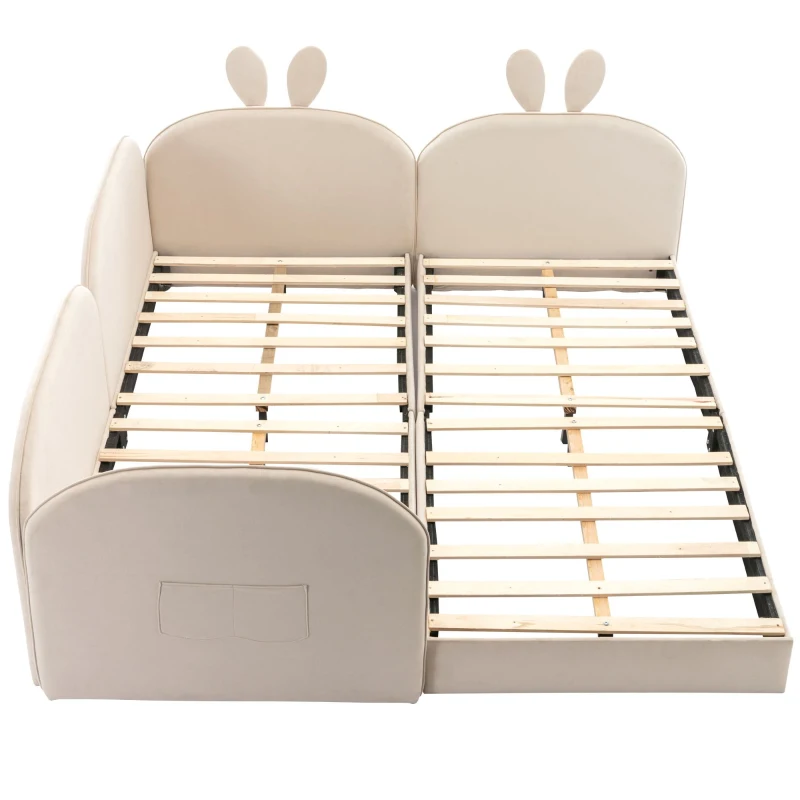 Divano letto per bambini a coniglio, 2 Letti Singoli, Struttura Imbottita, senza Materasso, 90x200 cm & 180x200 cm, Beige