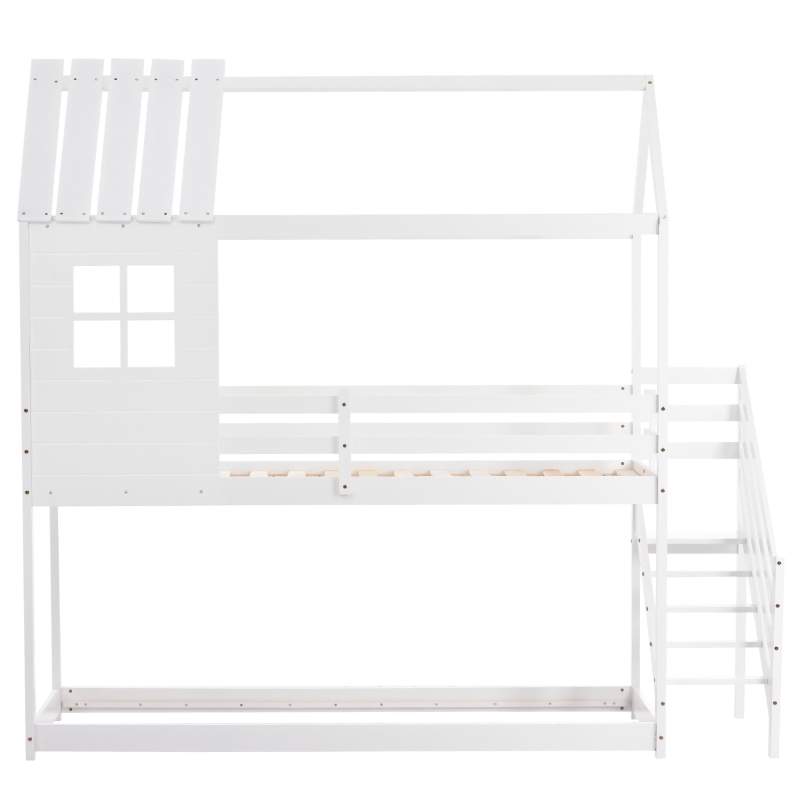 Lit superposé avec escalier d'angle et fenêtre, lit pour enfants avec protection contre les chutes et barrière, sans matelas, 200x90 cm, Blanc