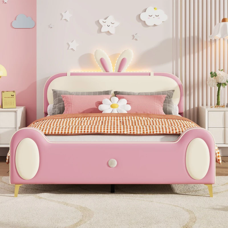 Letto Imbottito con Testiera a Forma di Coniglio e Striscia LED, Letto per Cameretta Senza Materasso, in Pelle PU e MDF, 140x200 cm, Bianco e Rosa