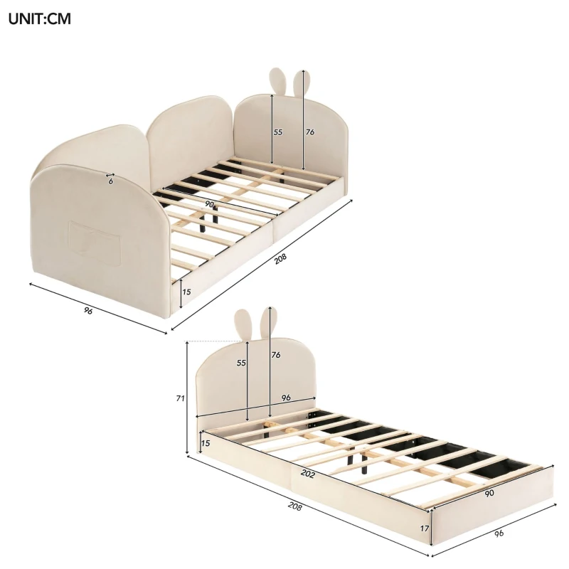 Canapé lit lapin, lit pour enfants, 2 lits simples, cadre rembourré, sans matelas, 90x200 cm & 180x200 cm, Beige