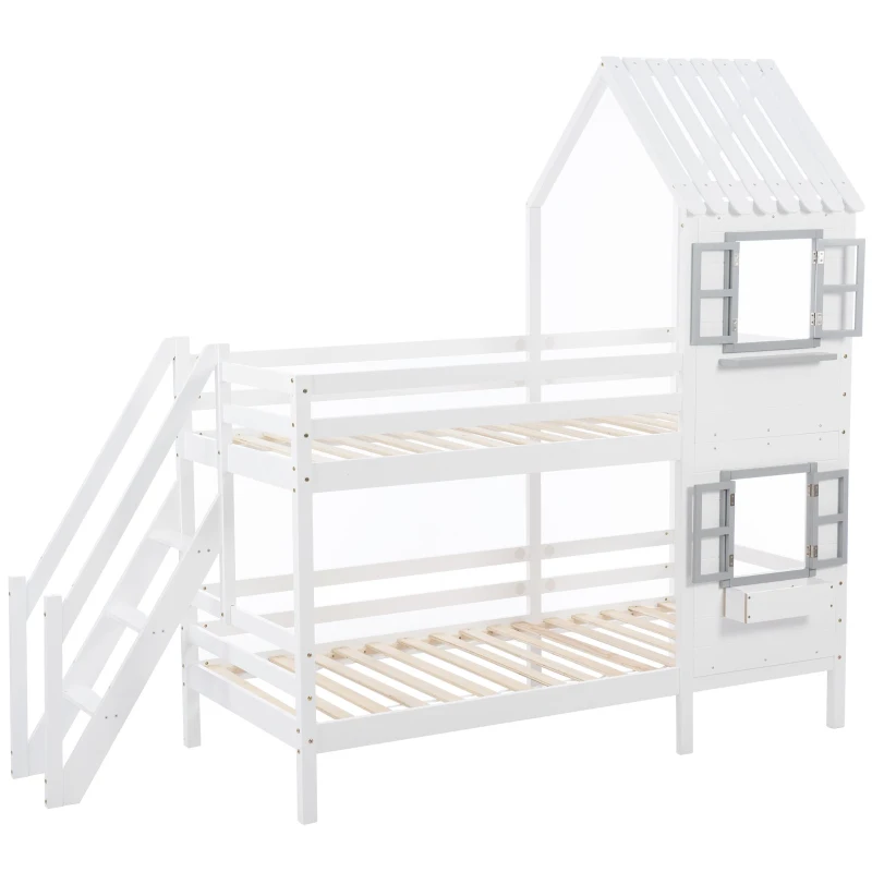 Lit superposé avec main courante et fenêtre, lit maison, lit enfant avec protection contre les chutes et grille, sans matelas, 90×200 cm, Blanc