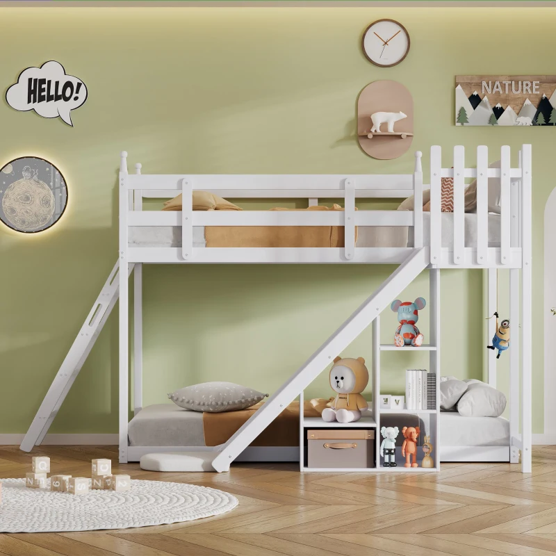 Letto a castello per bambini 6+ anni con scala, scivolo e scaffale, 90×200 cm, Bianco