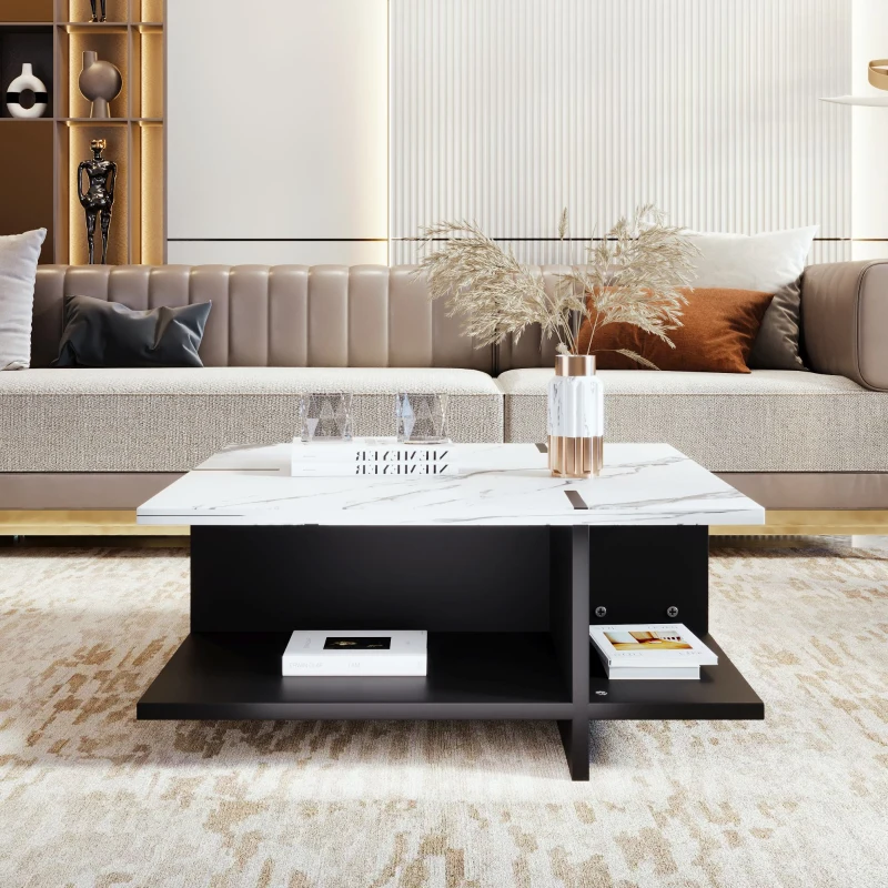 Table basse carrée, design moderne minimaliste, aspect marbre blanc, quatre compartiments de rangement ouverts, Noir+Blanc