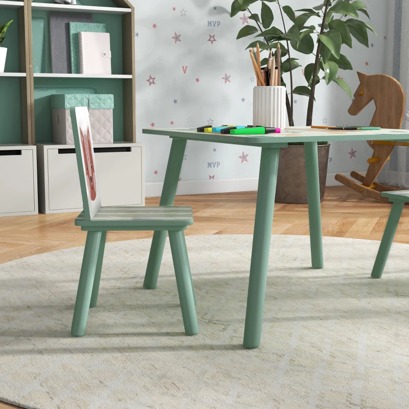 ZONEKIZ Kinderspeelgroep 3-8 Jaar, 1 Tafel & 2 Stoelen, Schattig Dierenmotief, Groen