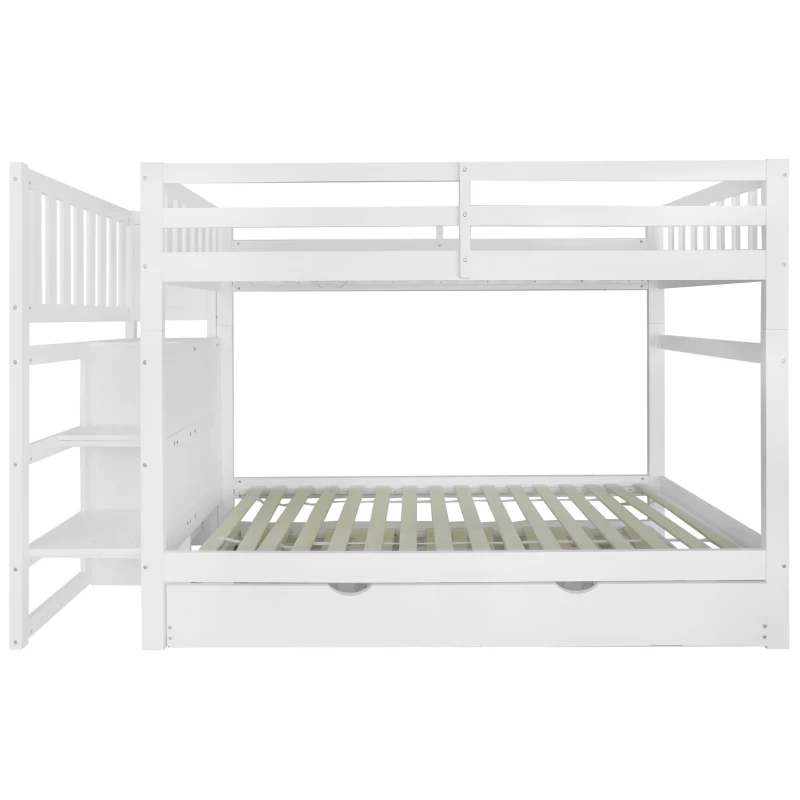 Letto a castello con tre posti letto e quattro cassetti, scala sicura, senza materasso, 90x200 cm & 90x190 cm, Bianco