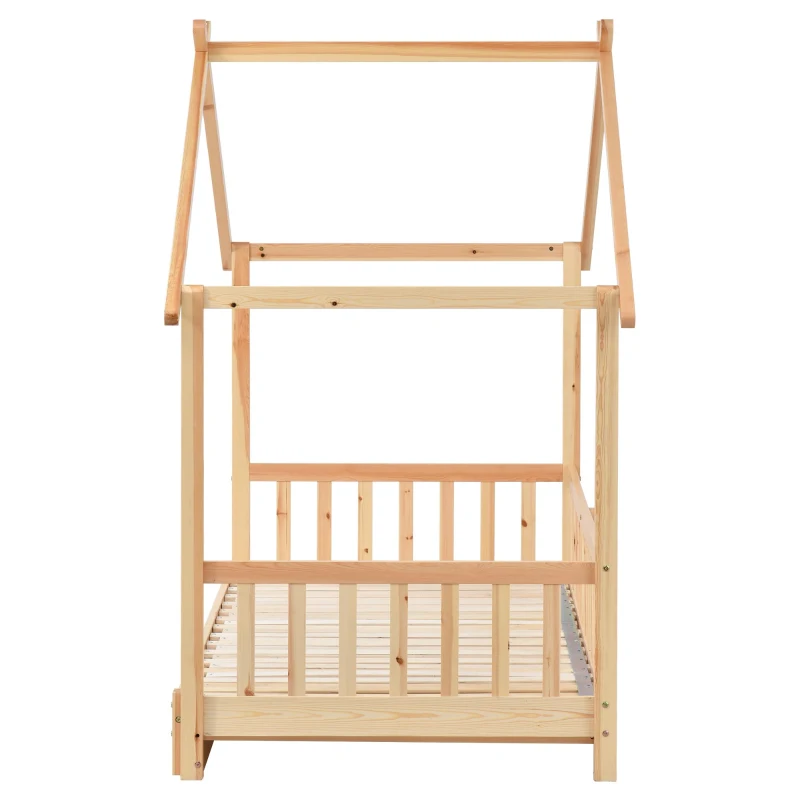 Letto a Casetta Espandibile con Ringhiera su Tre Lati, Letto per Cameretta, Letto Montessori, Senza Materasso, in Legno, 200x90 cm, Naturale