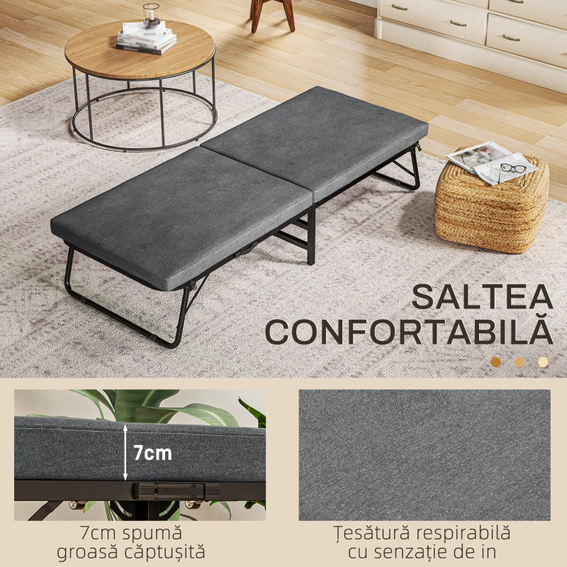 HOMCOM Pat Pliant cu Saltea, Spătar Reglabil pe 5 Nivele, 4 Roți și Cadru din Metal cu Bare, 180x70x38 cm, Gri