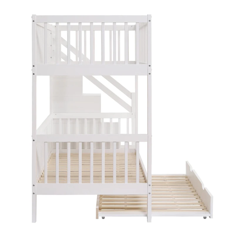 Lit superposé avec lit gigogne et armoire à échelle, sans matelas, 90x190 cm & 90x200 cm, Blanc