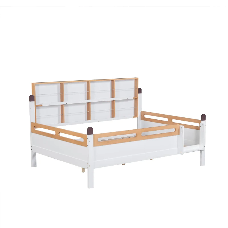 Letto per bambini con protezione anticaduta e sbarre, senza materasso, 140x200 cm, Bianco+naturale