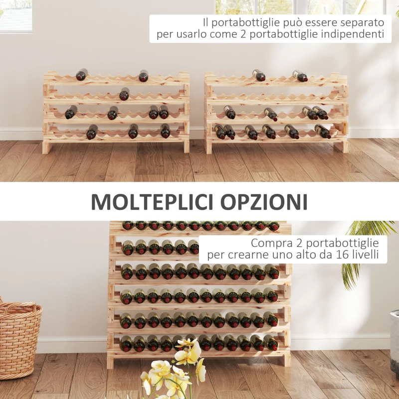HOMCOM Portabottiglie in Legno di Pino, Cantinetta Vini con 8 Ripiani per 96 Bottiglie, 114x28x113.5 cm, Colore Legno