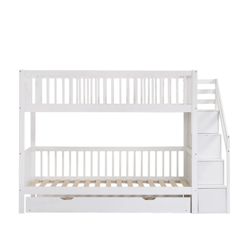 Lit superposé avec lit gigogne et armoire à échelle, sans matelas, 90x190 cm & 90x200 cm, Blanc