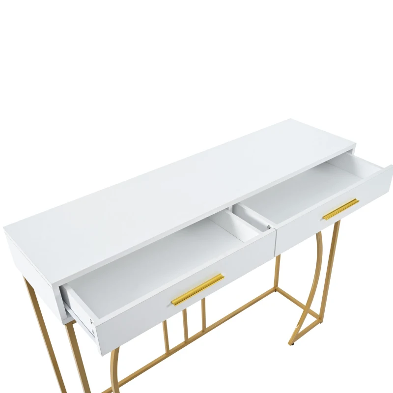 Console avec 2 tiroirs, style luxe léger, plateau en MDF, Blanc