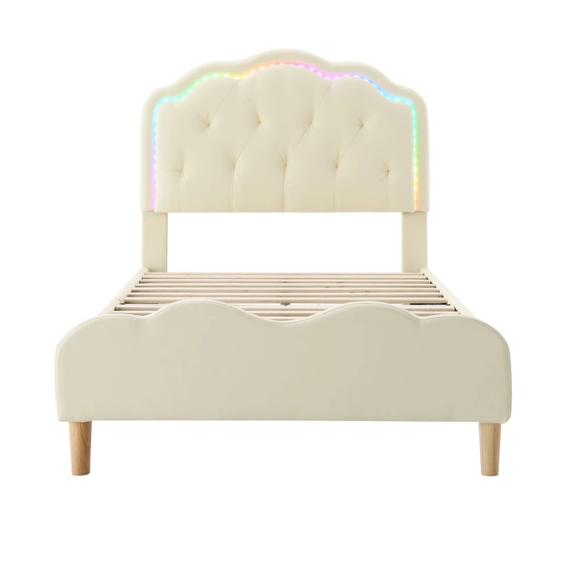 Letto Imbottito con Striscia LED, Testiera Ondulata e Doghe In Legno, Letto per Cameretta in PU, Senza Materasso, 90×200 cm, Bianco