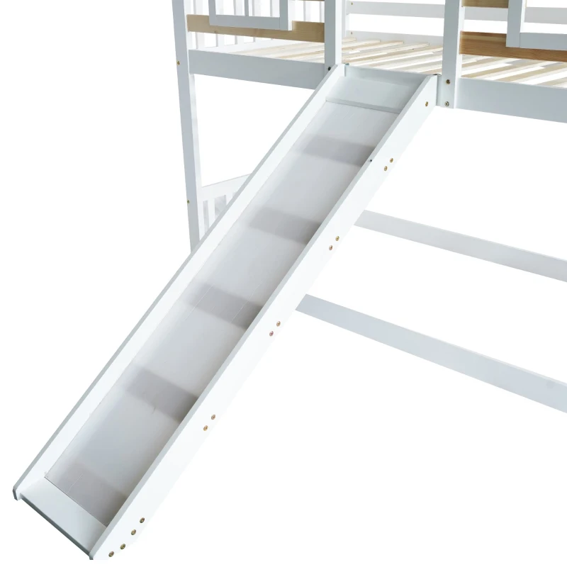 Lit superposé avec escalier et barrière, avec toboggan et fenêtre, sans matelas, 90x200 cm, Blanc