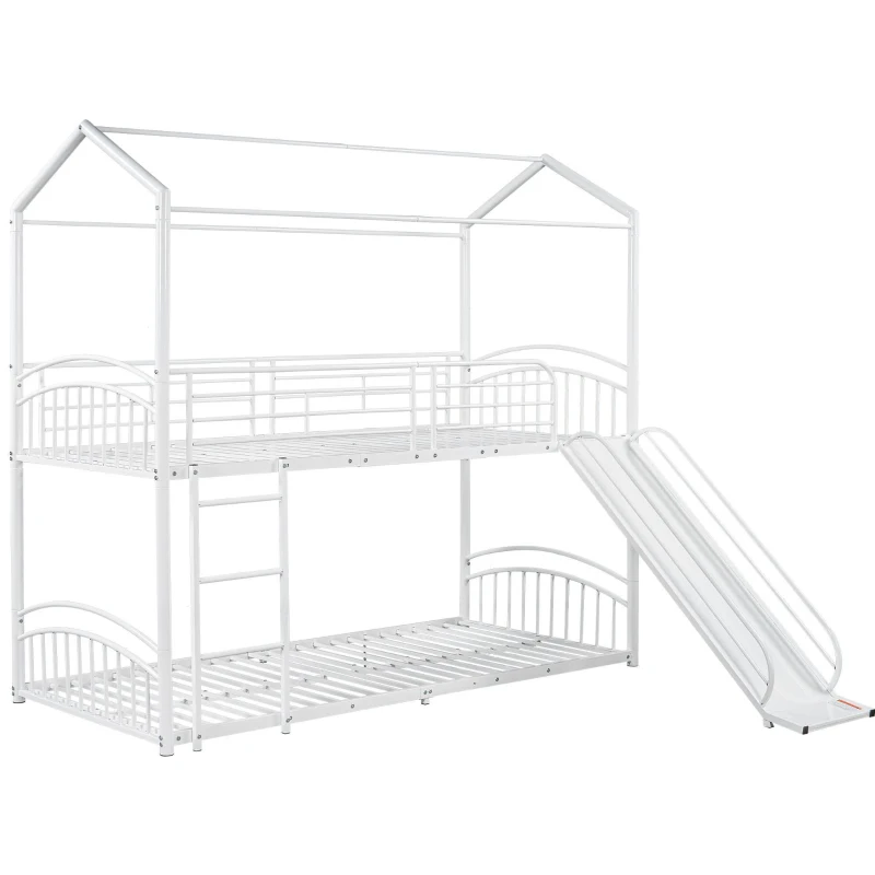 Lit superposé avec escalier et toboggan, cadre en métal, sans matelas, 200x90 cm, Blanc