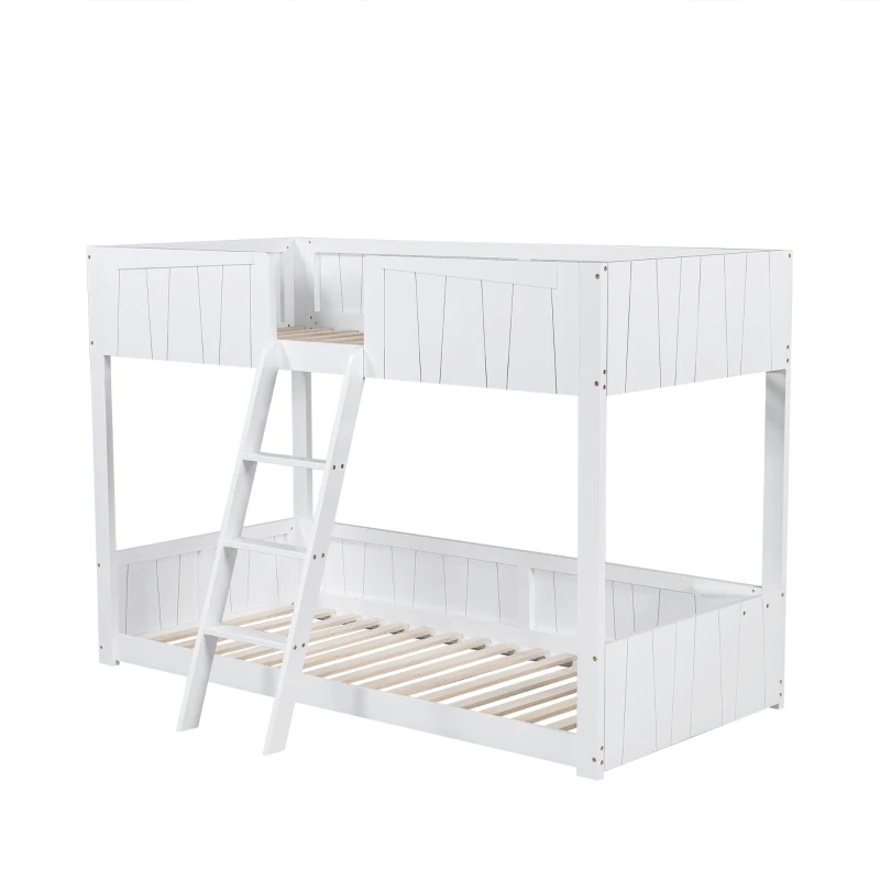 Letto a castello per bambini 6+ anni con scala a tre gradini e barriera di sicurezza, 90x200 cm, Bianco