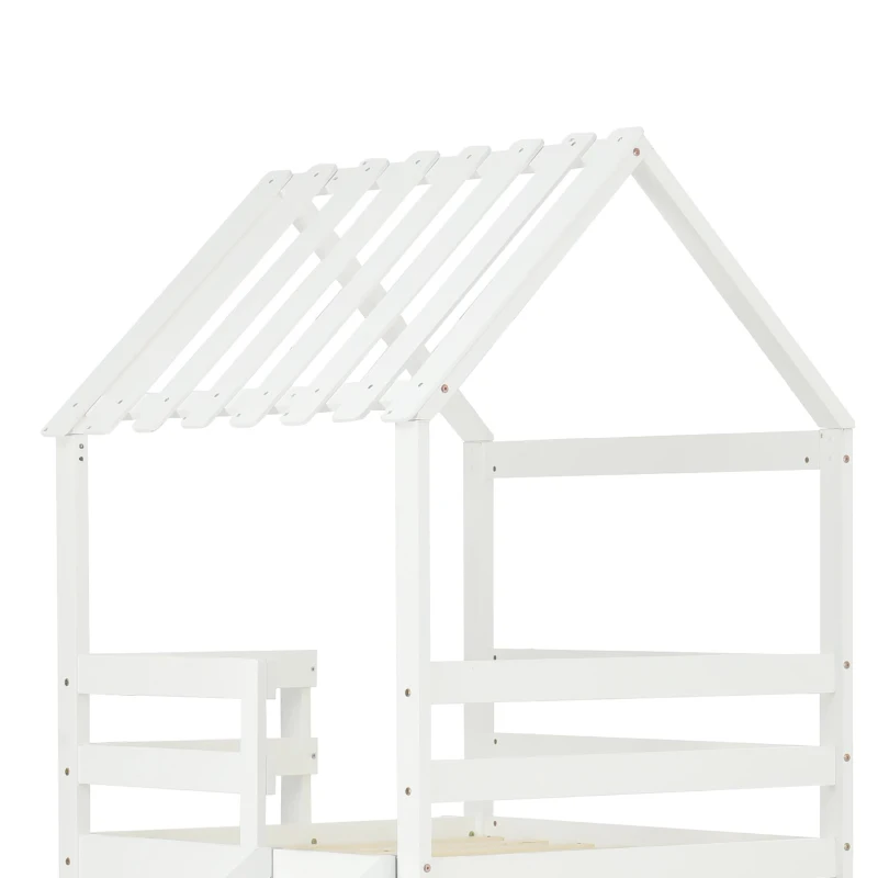 Lit cabane avec toit, tour de jeu avec protection contre les chutes, sans matelas, 200x90 cm & 100x90 cm, Blanc