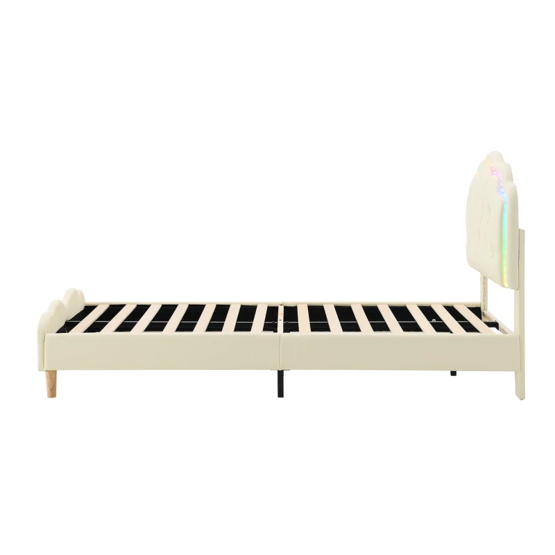 Lit rembourré avec tête de lit ondulée et bande LED, lit pour enfants avec lattes en bois, sans matelas, 90×200 cm, Blanc