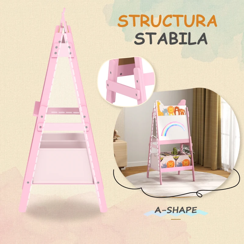 AIYAPLAY Șevalet Artistic pentru Copii 3-8 Ani cu Tablă Albă, Tablă Neagră și 2 Coșuri Depozitare, 53,5x49x113 cm, Roz