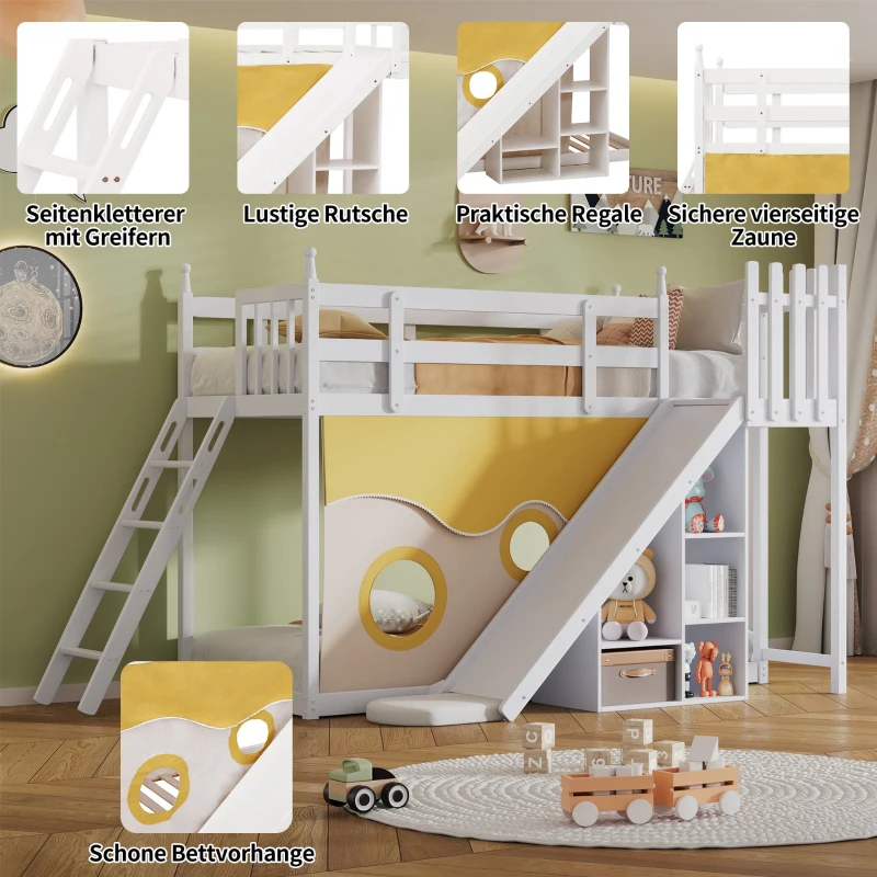 Letto a castello per bambini 6+ anni con scala, scivolo e scaffale, 90×200 cm, Bianco